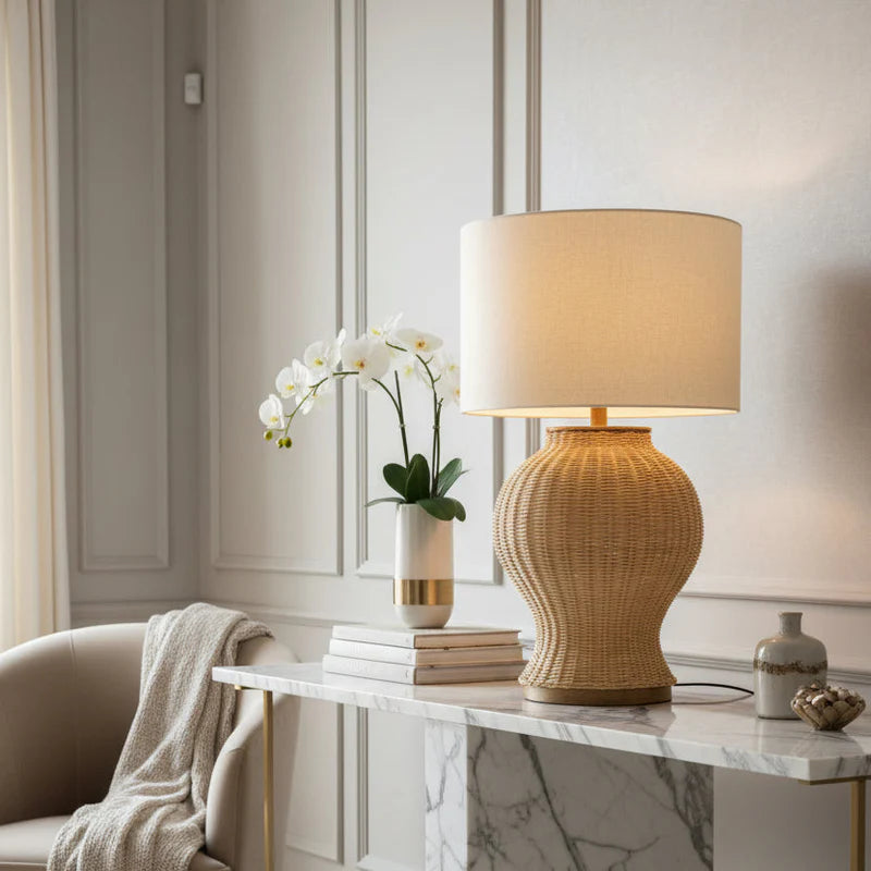 Large Natural Cane Lamp with Shade