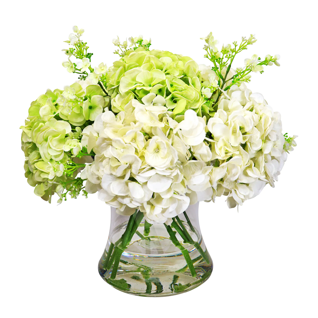 Faux Green and White Hydrangea Arrangement in Glass Vase 40cm (H)