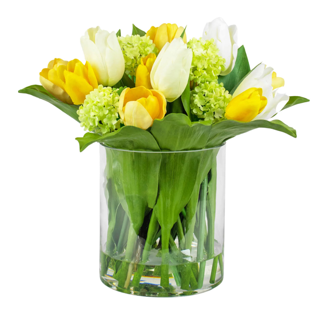 Faux Yellow and White Tulips in Cylinder Vase - 43cm