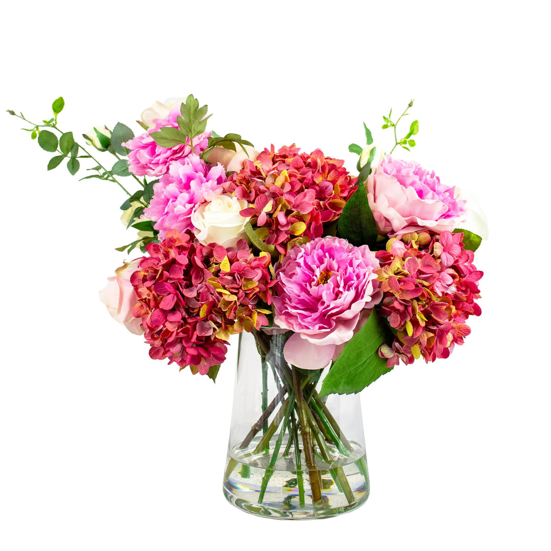 Faux Summer Hydrangea & Peony arrangement in Trapezoidal Vase (54cm) H