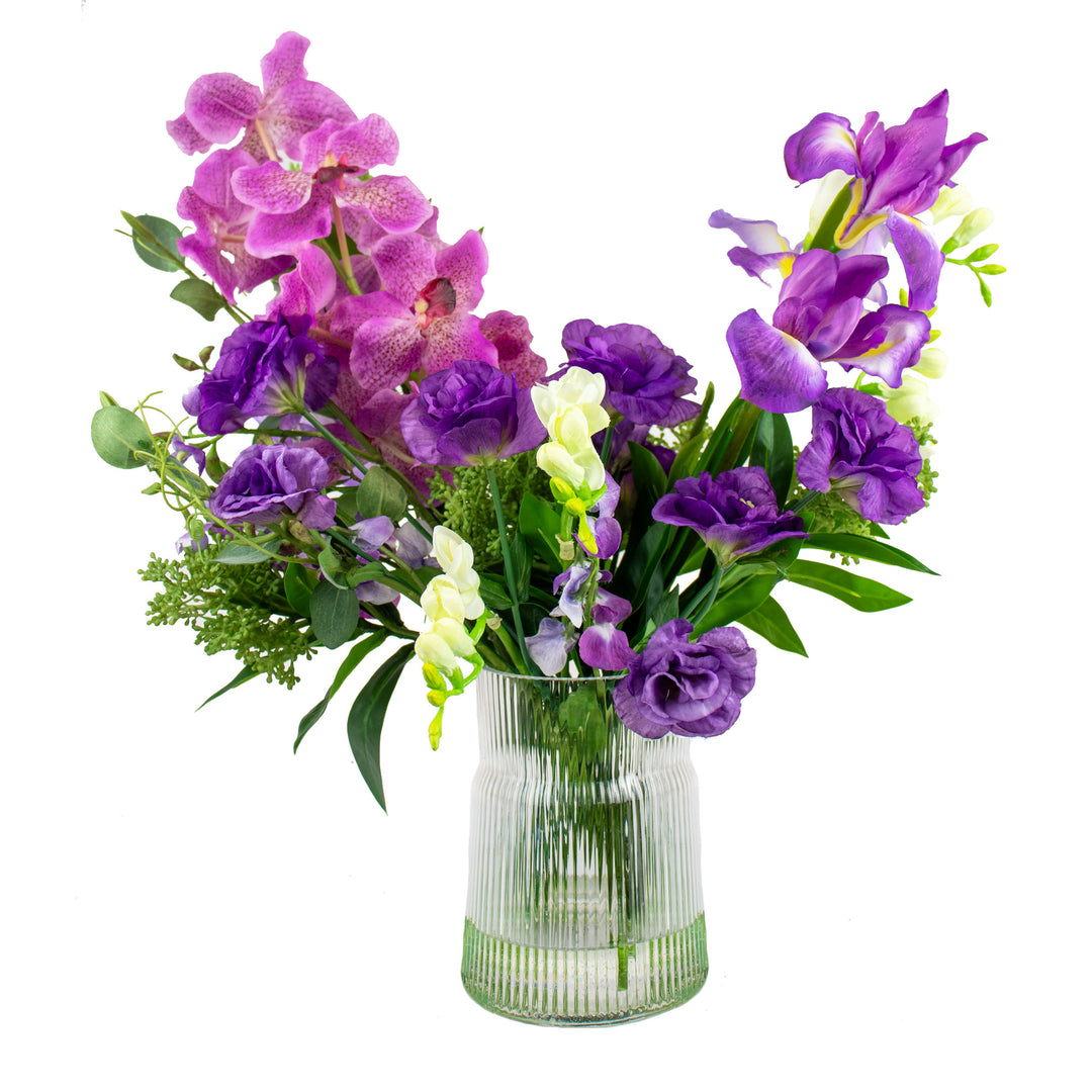 Faux Purple Vanda Orchid & Lisianthus Arrangement in Ribbed Glass Vase 50cm (H)