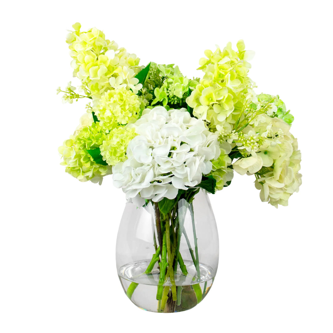 Faux White & Green Hydrangea mix arrangement in Curved Glass Vase 50cm (H)