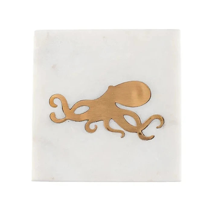 White Marble and Brass Sea Life Coasters