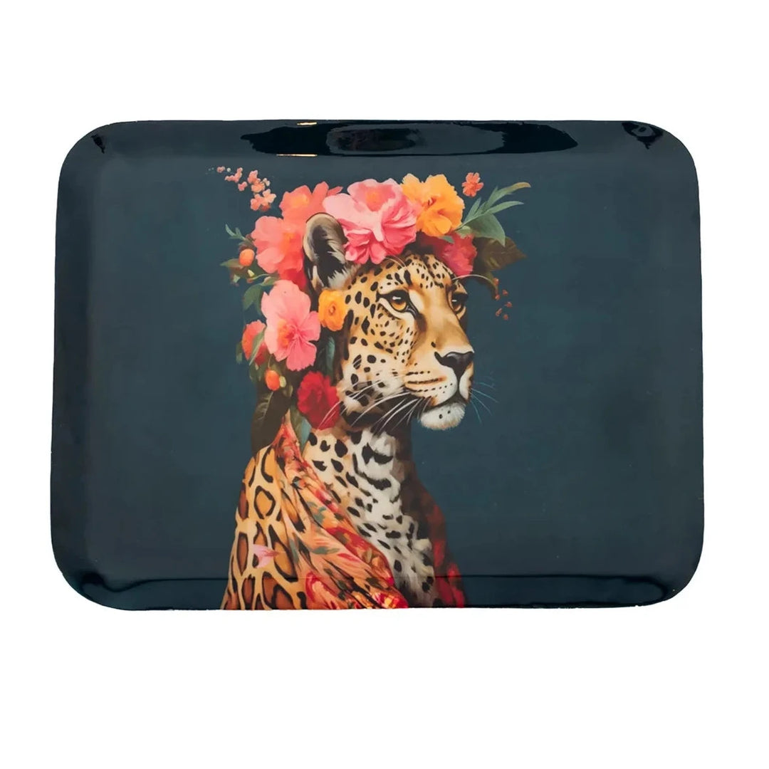 Metal Floral Leopard  Tray - Black