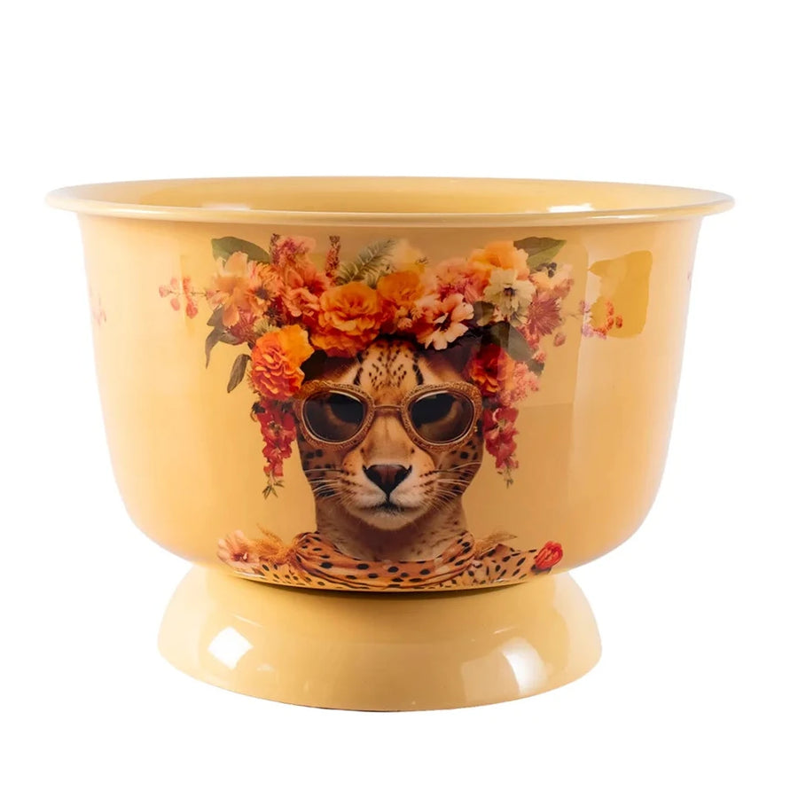 A yellow enamel bowl with a decorative illustration of a leopard wearing sunglasses and a flower crown, set against a plain white background.
