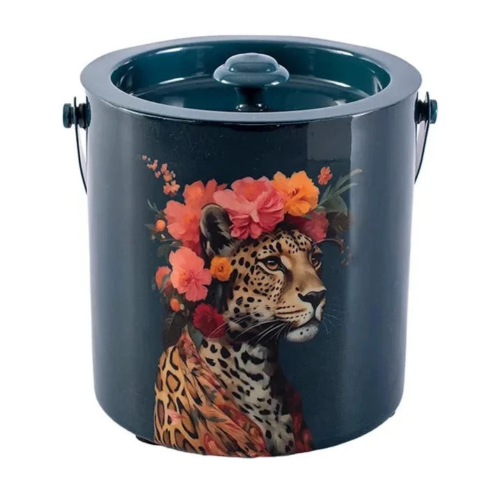 Metal Floral Leopard Ice Bucket - Black