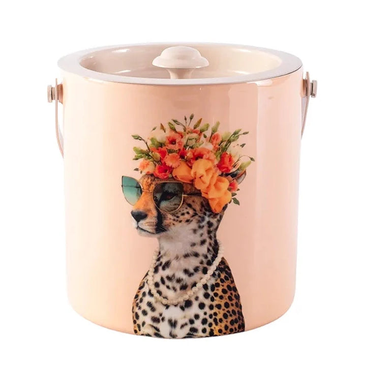 Metal Floral Cheetah with Sunglasses Ice Bucket - Soft Pink