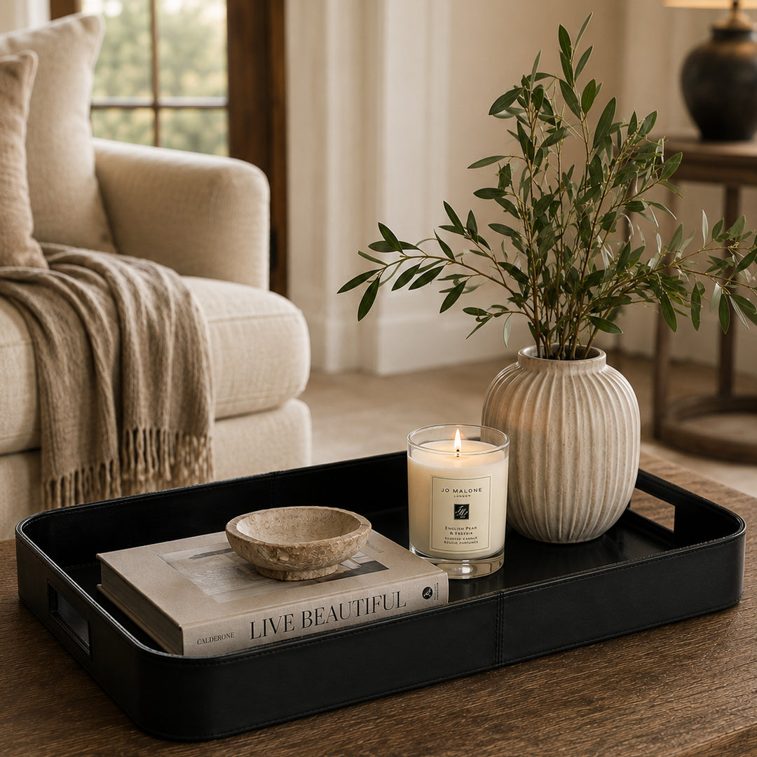 Black Leather Tray with handles