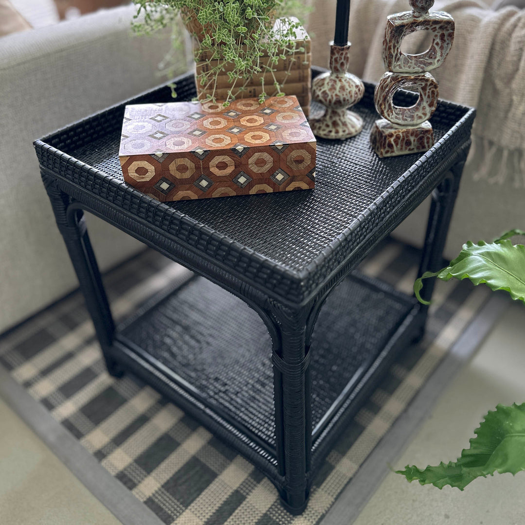 Side Table with shelf - Black Rattan