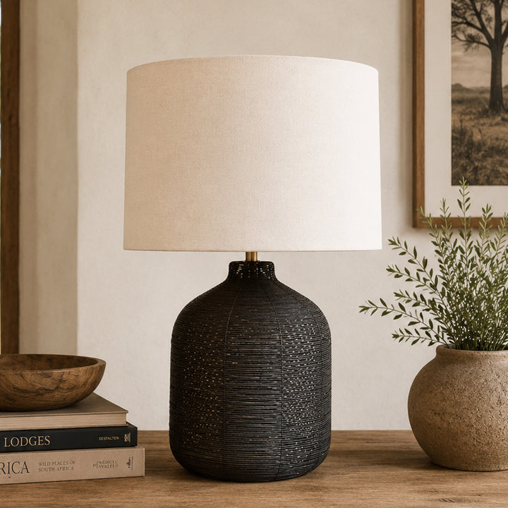 Black Cane Table Lamp with Shade