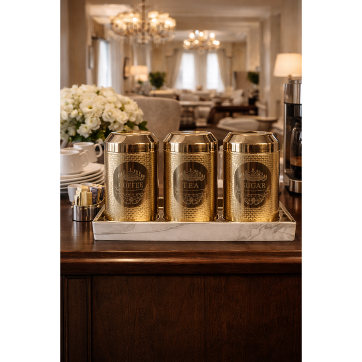 Brass Storage Canister Trio, Tea, Coffee & Sugar