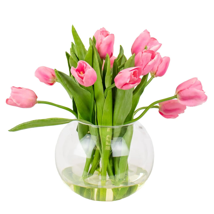 Pink Tulip Bouquet Arrangement in Glass Bowl