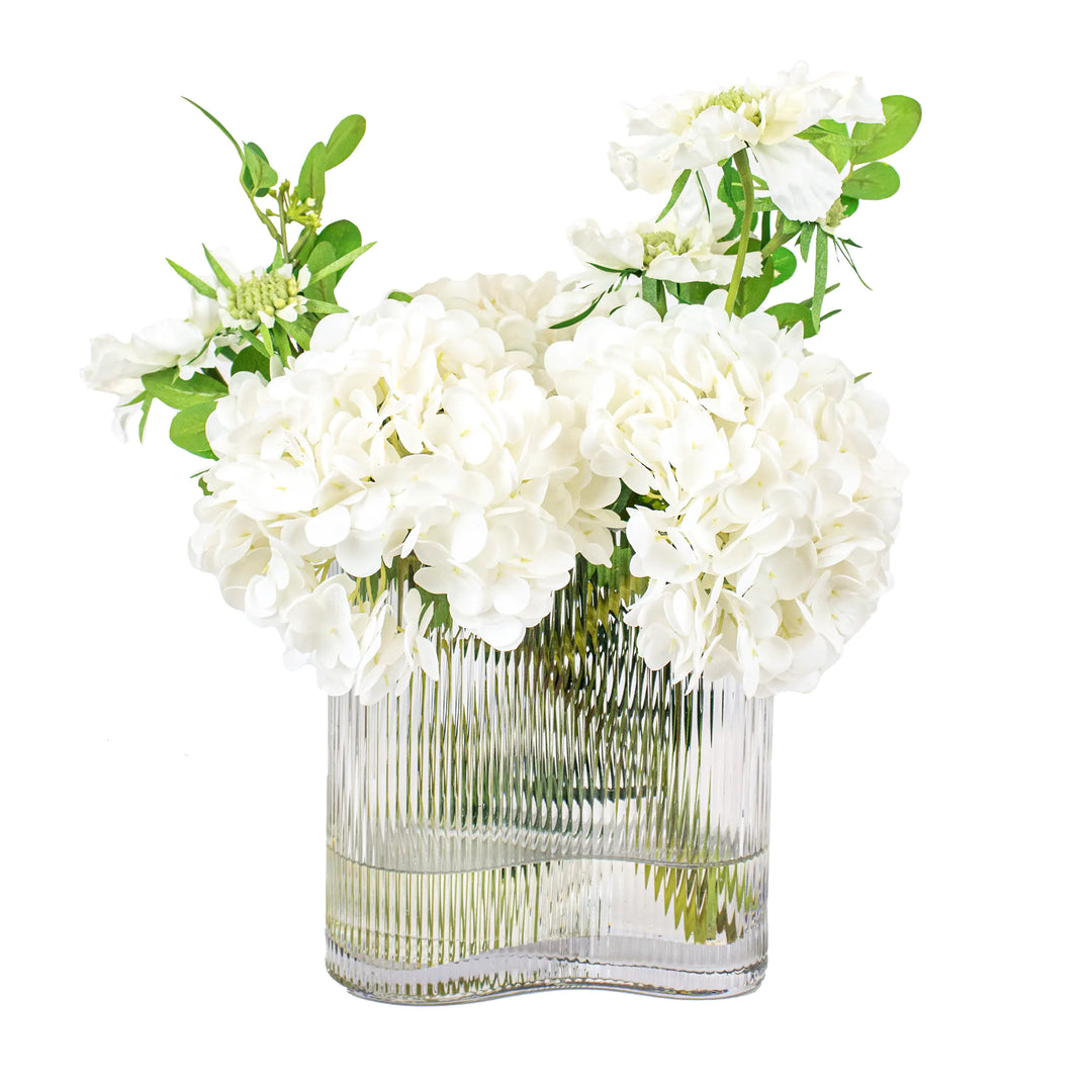 Faux White Hydrangea and Scabiosa Arrangement in Glass Vase 40cm (H)