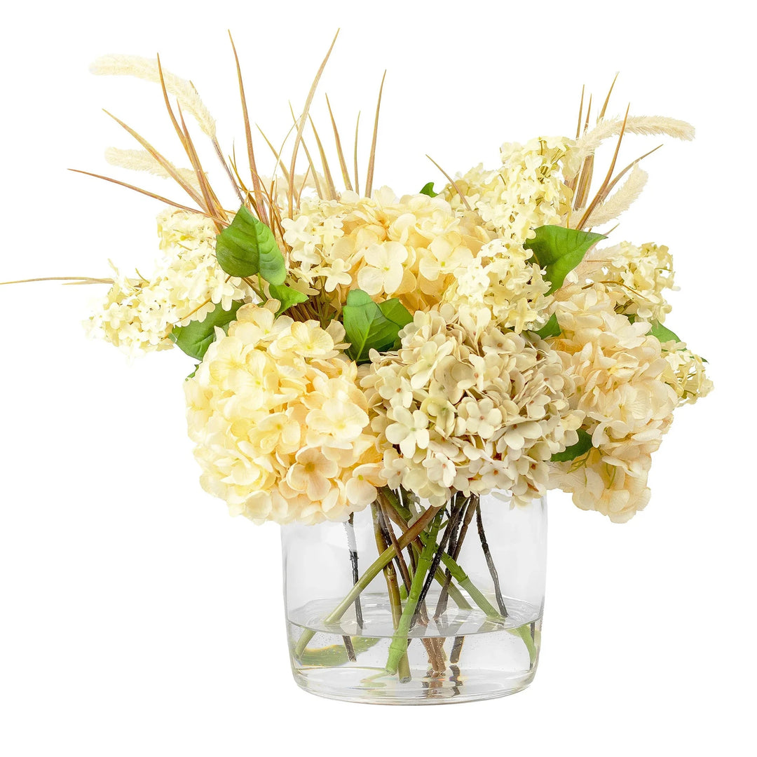 Faux Hydrangea Dry Cream with Pampas Grass in Barrel Glass Vase (50cm) H