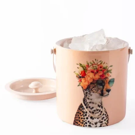 Metal Floral Cheetah with Sunglasses Ice Bucket - Soft Pink