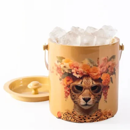 Metal Floral Cheetah with Sunglasses Ice Bucket - Soft Yellow