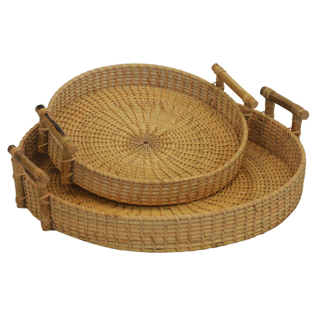 Tray - Round wicker with handles - Natural