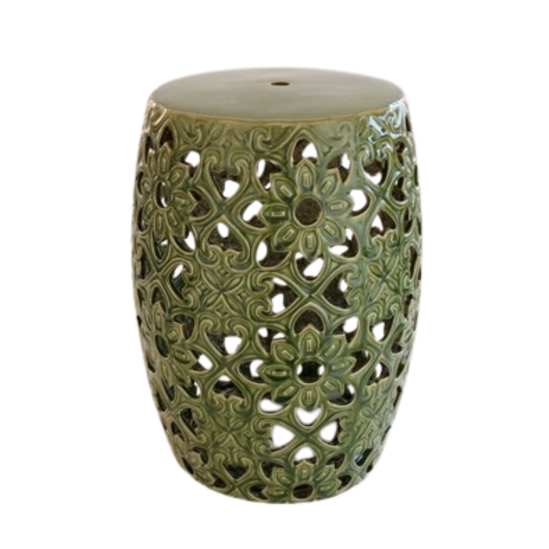Ceramic Stool Dark Green Floral Cut Out