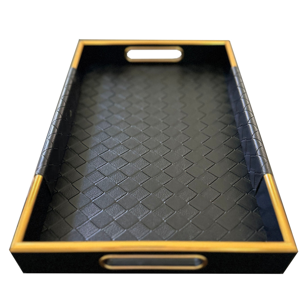 Tray - Black Faux Leather Lattice Rectangle - Set of 2