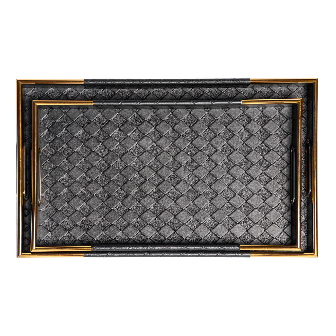 Tray - Black Faux Leather Lattice Rectangle - Set of 2