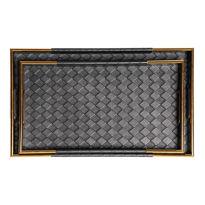 Tray - Black Faux Leather Lattice Rectangle - Set of 2