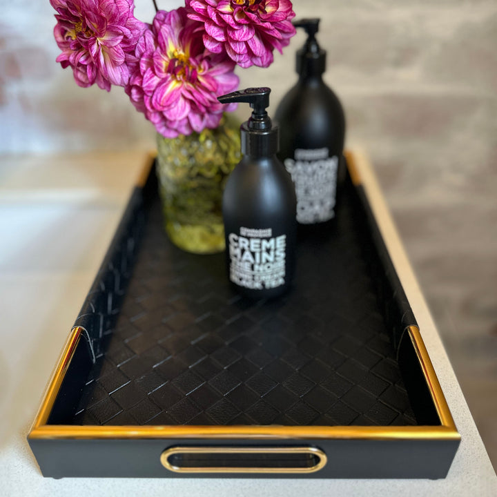 Tray - Black Faux Leather Lattice Rectangle - Set of 2