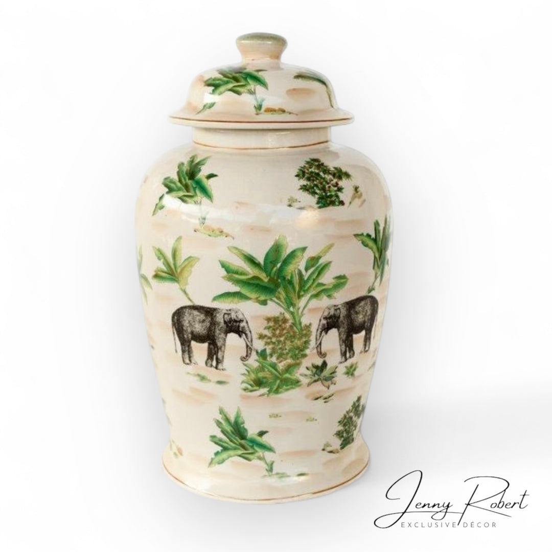 Ginger Jar Tropical Forest Elephant Ceramic