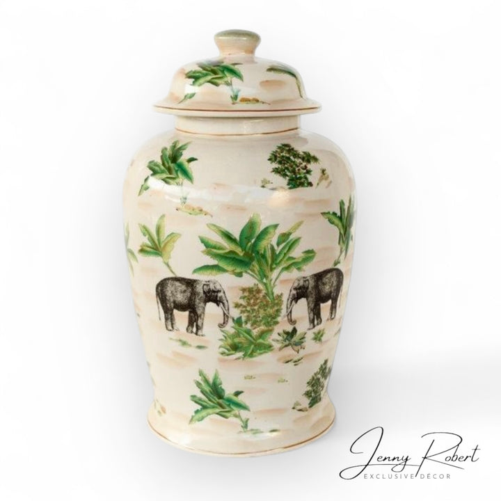 Ginger Jar Tropical Forest Elephant Ceramic