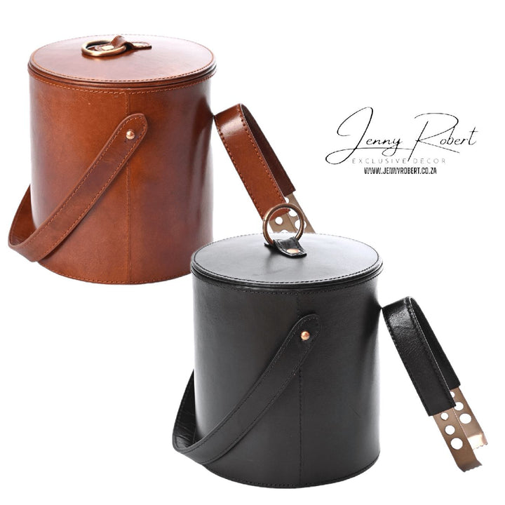 Ice Bucket with Tongs Stitched Leather & Brass
