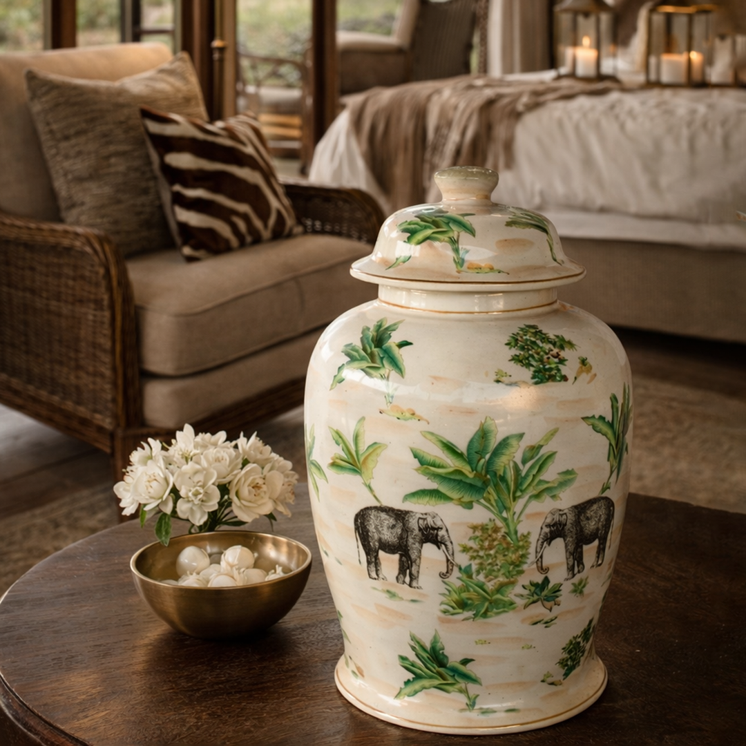 Ginger Jar Tropical Forest Elephant Ceramic