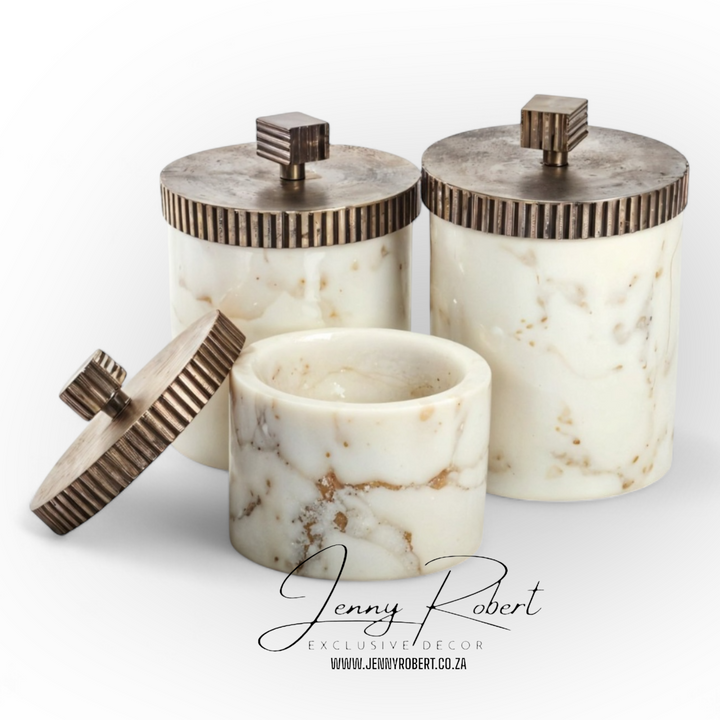 Marble Vanity Jar with Etched Brass Nickel Lid