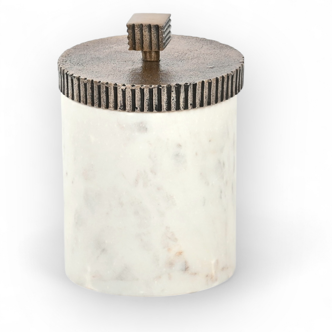 Marble Vanity Jar with Etched Brass Nickel Lid