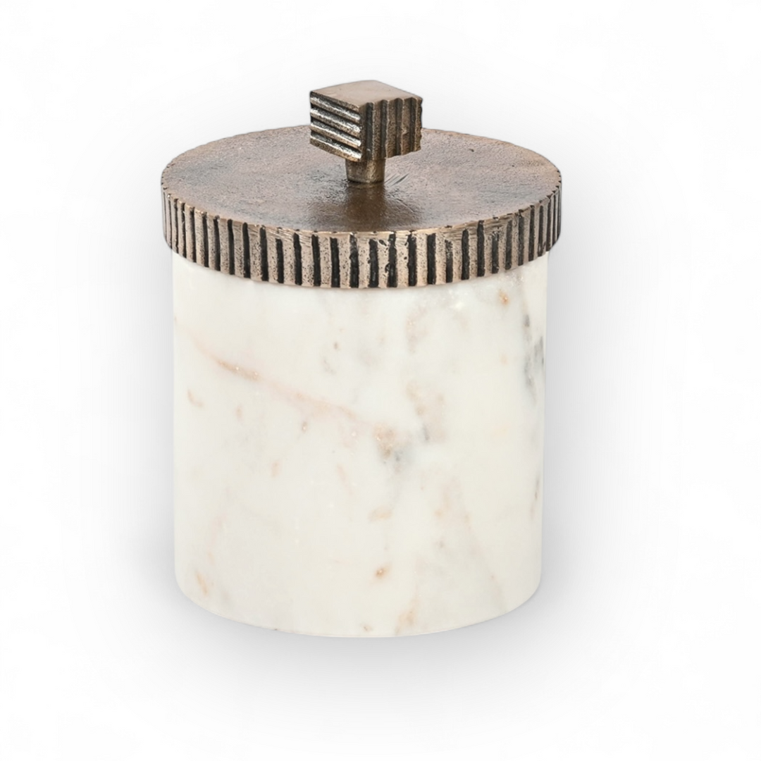 Marble Vanity Jar with Etched Brass Nickel Lid