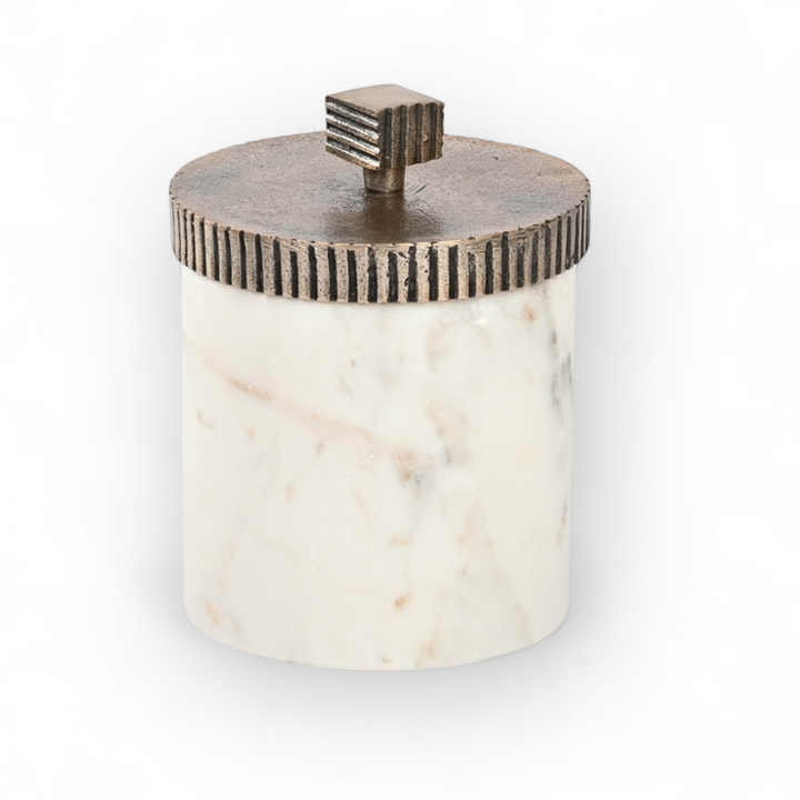 Marble Vanity Jar with Etched Brass Nickel Lid