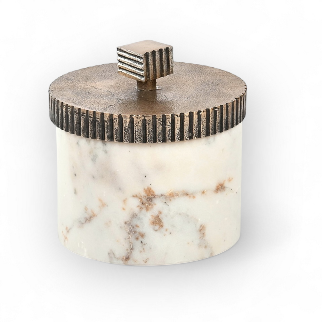 Marble Vanity Jar with Etched Brass Nickel Lid