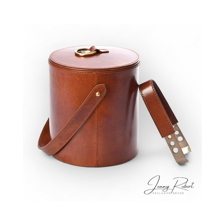 Ice Bucket with Tongs Stitched Leather & Brass