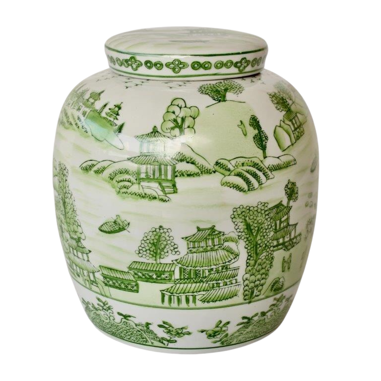 Jar with Lid Ceramic Chinese Green and White