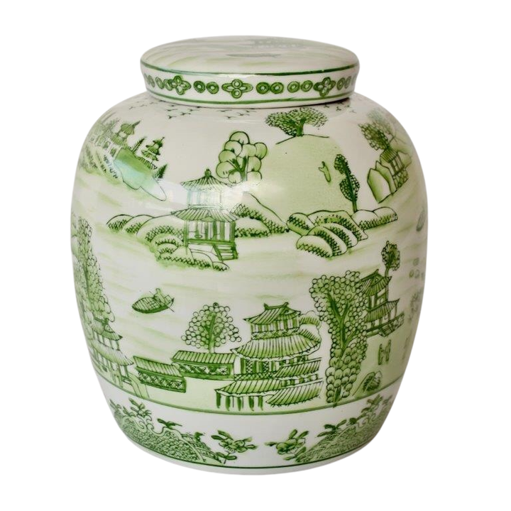 Jar with Lid Ceramic Chinese Green and White