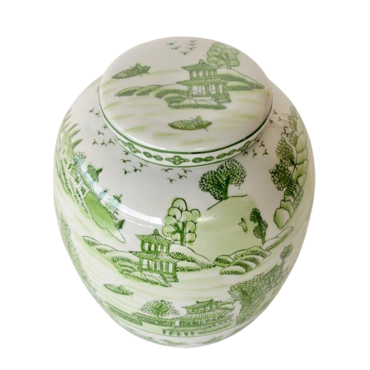 Jar with Lid Ceramic Chinese Green and White