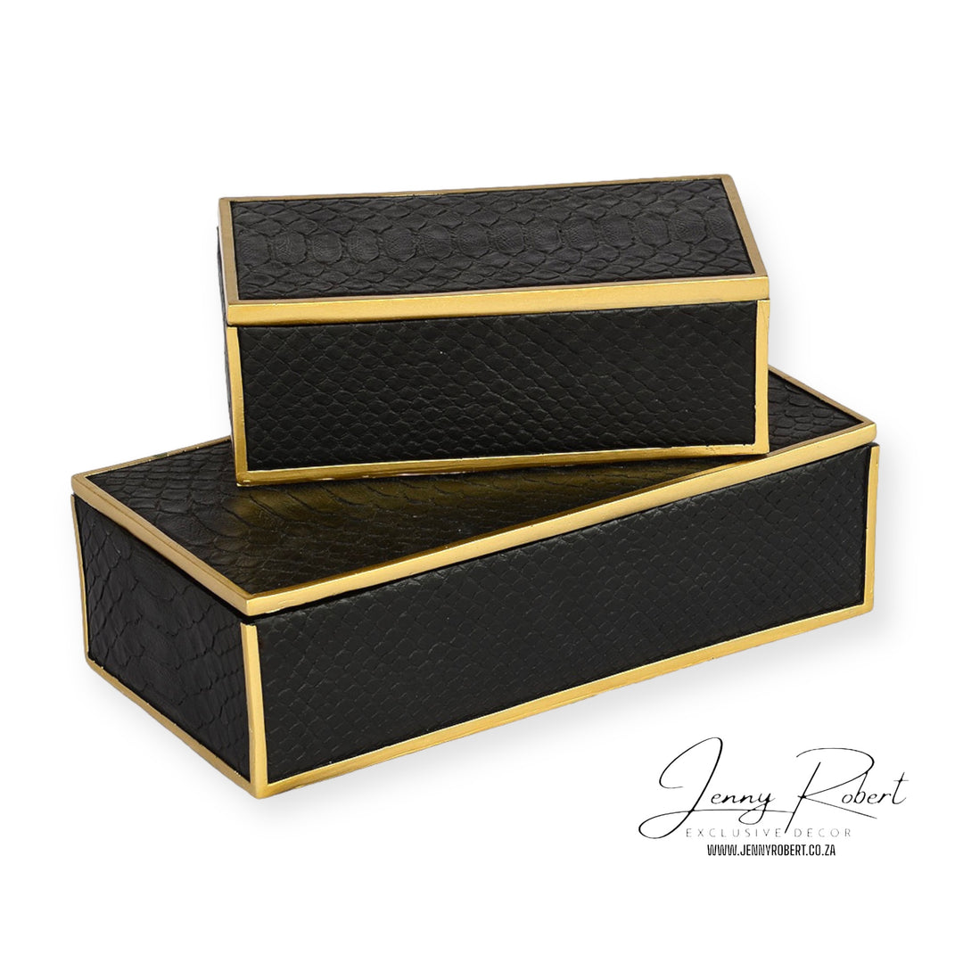 Crocodile Patterned Boxes Rectangular Black with Gold Trim S/2
