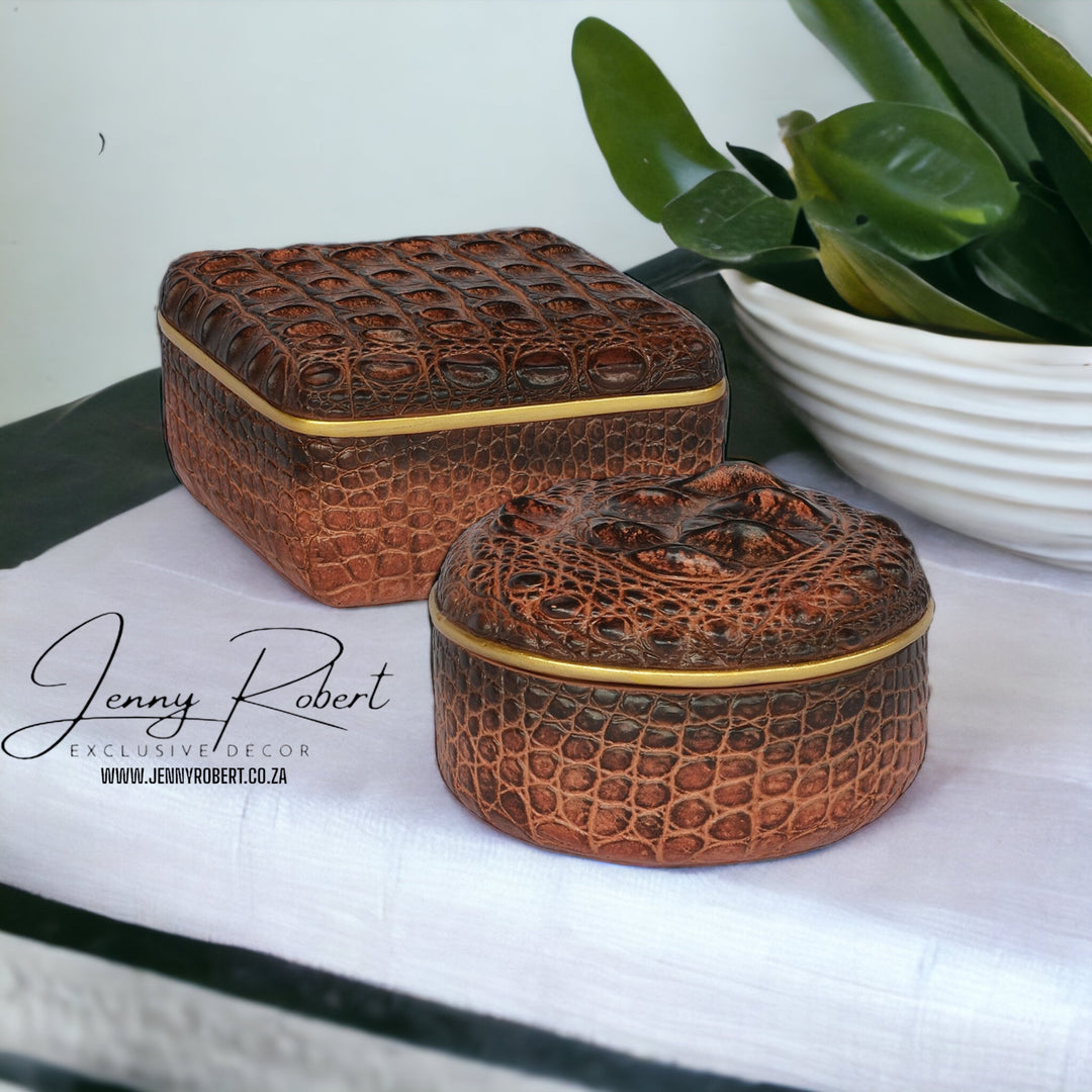 Decorative Box in a Crocodile Skin Design Brown and Gold