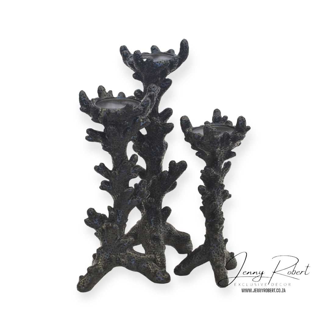 Coral Candle Holders in Resin Black S/3