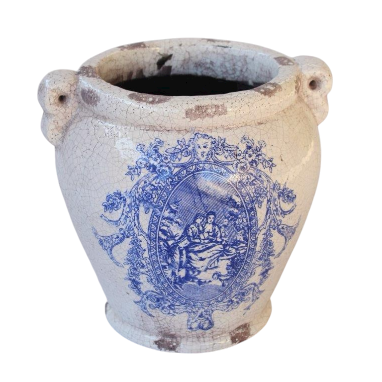Distressed Jar with Handles Blue and White (24cm x 26cm)
