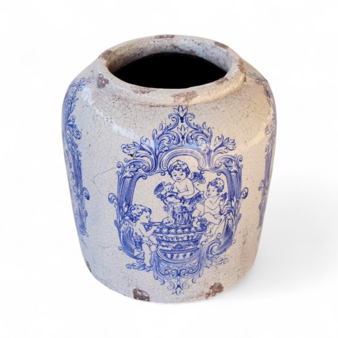 Distressed Angel Planter in Blue and White
