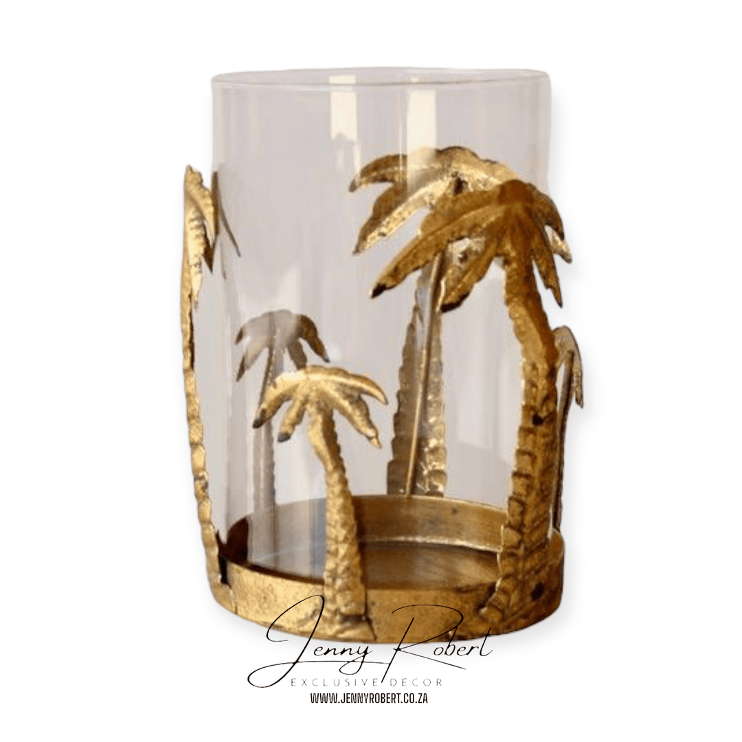 Gold Palm Tree Candle Holder with Glass