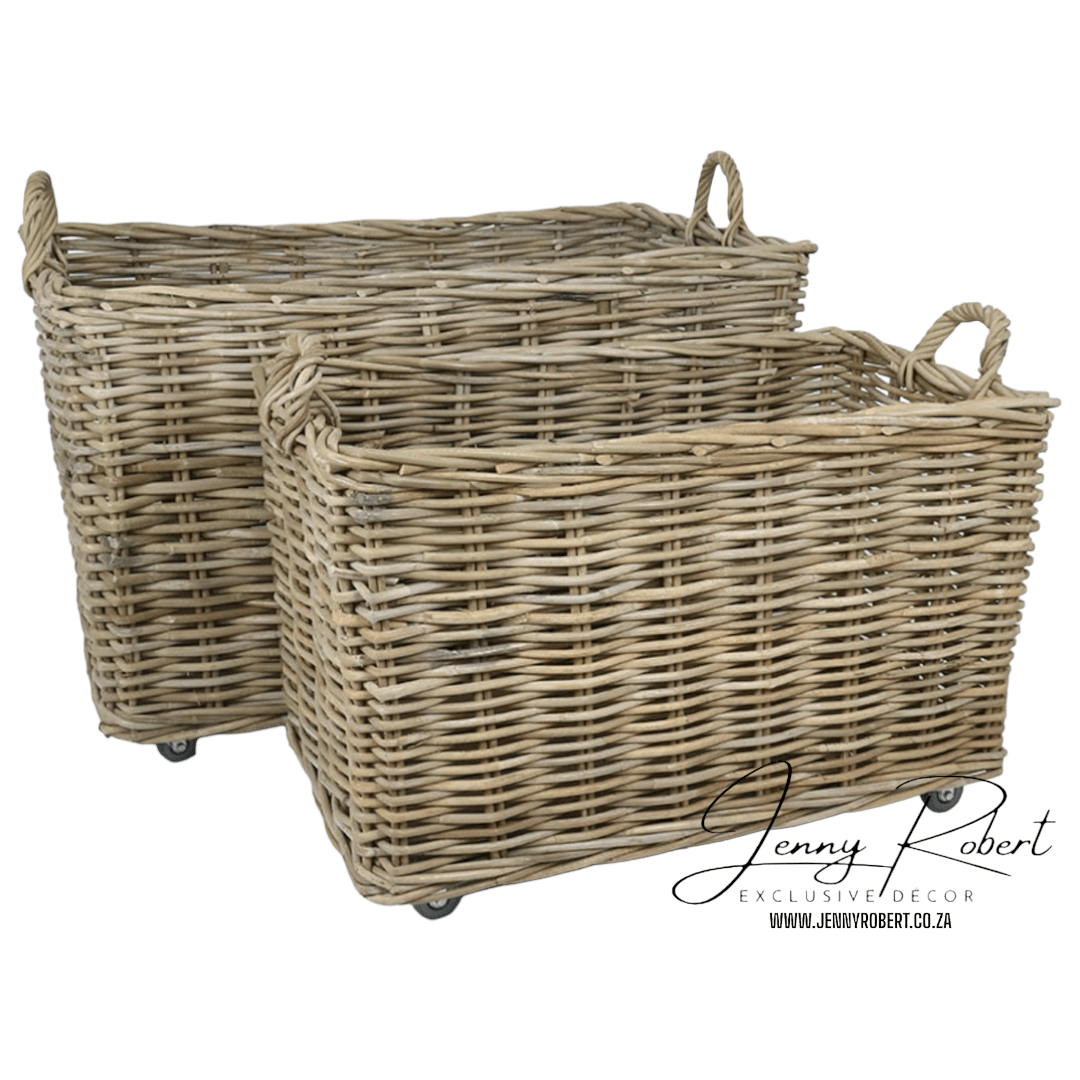 Rattan Thick Laundry / Firewood Trolley on Wheels S/2