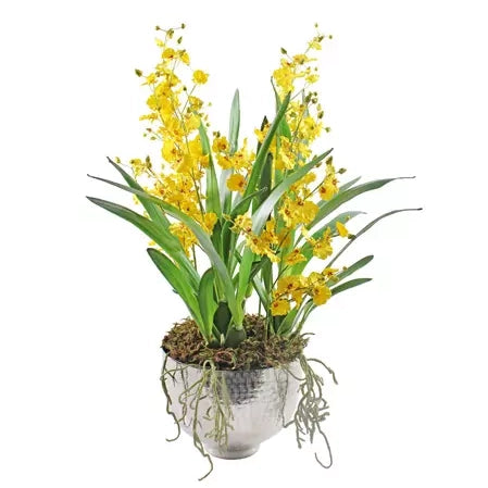 Faux Yellow Dancing Orchid Arrangement in Silver Container 80cm (H)
