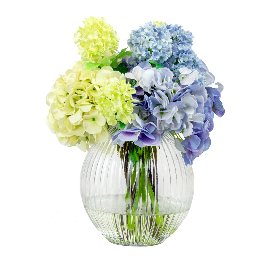 Faux Blue and Green mixed Hydrangea arrangement in Ribbed Ball Vase (38cm)H