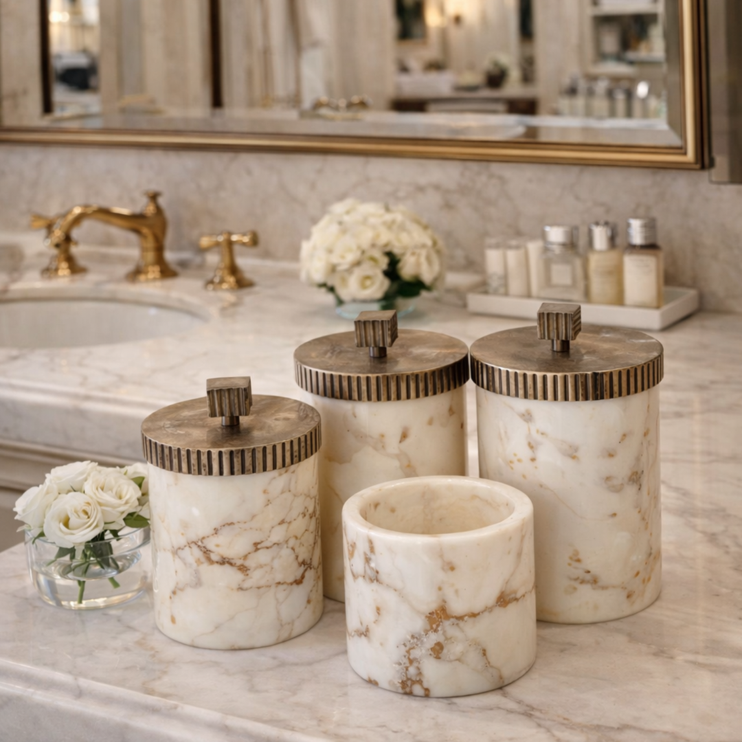 Marble Vanity Jar with Etched Brass Nickel Lid