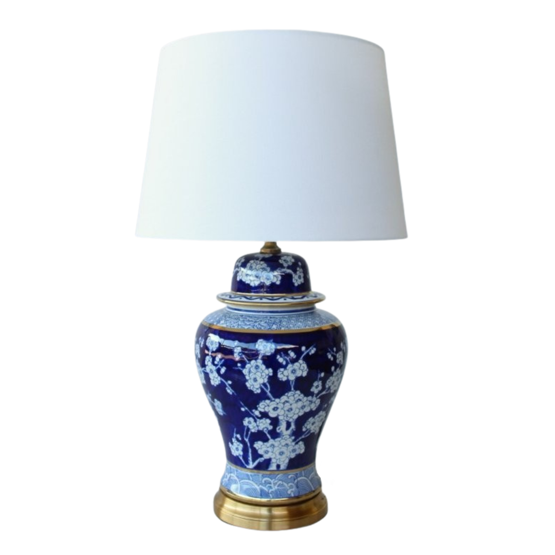 Lamp - Navy Blue and White Floral with Gold Trim with White Shade